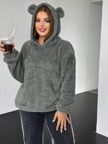 SHEIN EZwear Áo nỉ flannel cỡ lớn kiểu vai rớt, thiết kế tai 3D - Xám - Xem 5