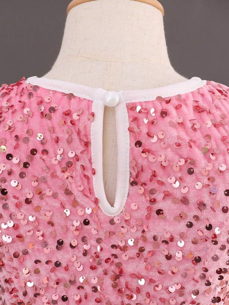 Young Girl Sequin Decor Contrast Fuzzy Trim Dress