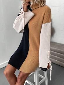SHEIN LUNE Color Block Drop Shoulder Lace Up Side Sweater Dress Without Belt - Multicolor - View 7