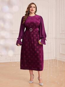 Modelyn Hơn Hoa Dệt hoa tay áo lá sen Váy có thắt lưng - Màu tím - Xem 1