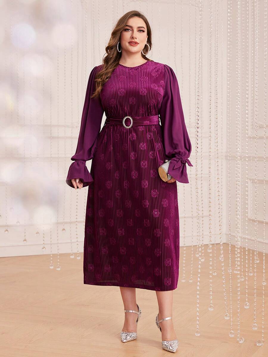 Modelyn Hơn Hoa Dệt hoa tay áo lá sen Váy có thắt lưng - Màu tím - Xem 1