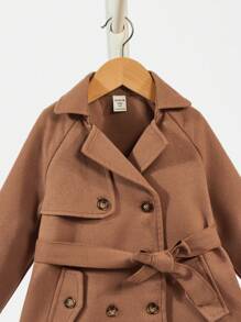 SHEIN Young Girl Double Breasted Raglan Sleeve Belted Overcoat - Brown - View 3