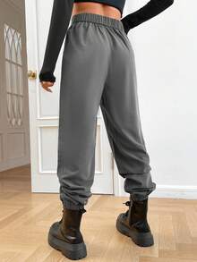 SHEIN EZwear 休閒口袋 拉鍊 褶皺面料純色女士長褲 - 灰色 - 查看 2