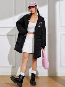 SHEIN EZwear Cartoon Pattern Hooded Padded Coat - Black - View 4