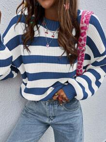 Calvaya Striped Pattern Drop Shoulder Sweater,Long Sleeve TopsKnit PulloverFall Winter Outfit