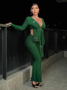 SHEIN SXY Plunging Neck Tie Front Crop Top & Flare Leg Pants - Green - View 6