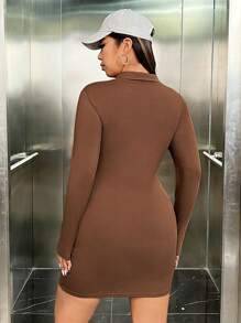 SHEIN EZwear Kích thước lớn In thư Tay áo dài Đầm - màu nâu - Xem 2