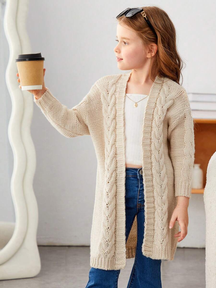 女小童麻花編織落肩袖開襟開衫 - 卡其色 - 查看 1