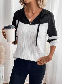 SHEIN LUNE 雙色半拉鏈抽繩連帽衫 - 黑與白 - 查看 2