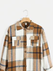 少女們的長款格紋大學風外套 - 棕色 - 查看 3