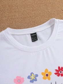 SHEIN LUNE Flower And Letter Printed Short Sleeve T-shirt - White - View 3