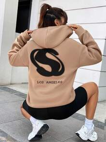 SHEIN Unity 字母圖案袋鼠口袋落肩袖抽繩連帽衫 - 杏色 - 查看 2