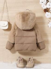SHEIN Baby Girl Fuzzy Trim Hooded Padded Coat Without Sweater - Pink - View 2