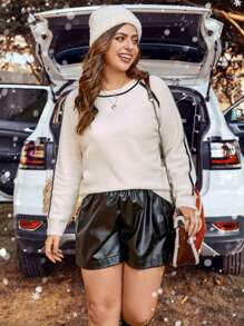 Calvaya Plus Contrast Binding Raglan Sleeve Sweater Knit Pullover Fall Winter Sweater - Apricot - View 4