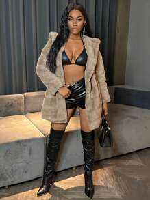 BamGleam Solid Open Front Hooded Fuzzy Coat - Khaki - View 5