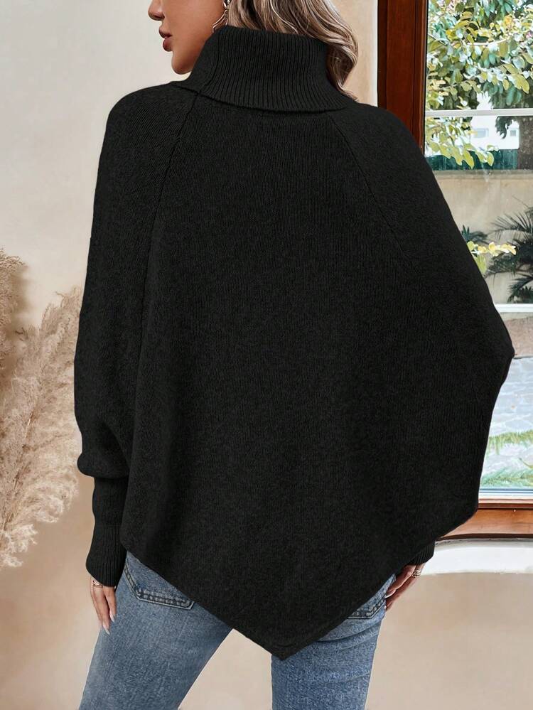Turtleneck Batwing Sleeve Button Detail Poncho Sweater,Long Sleeve Tops Knit Pullover Fall Winter Sweater