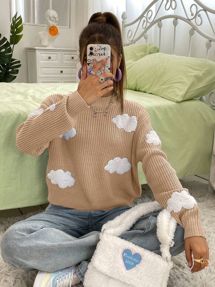 SHEIN Unity 彩雲圖案休閒毛衣 - 杏色 - 查看 1