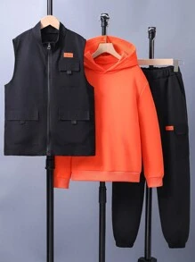 男童實用連帽背心,連帽衛衣和褲子三件套裝 - 彩色 - 查看 3