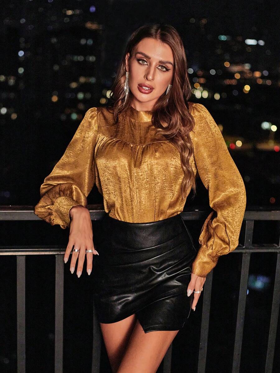 Aveloria Mock Neck Lantern Sleeve Blouse - Coffee Brown - View 1