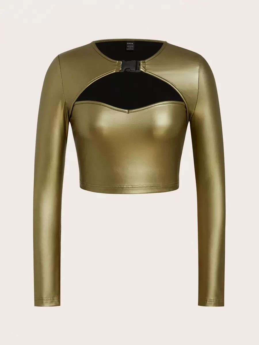 SHEIN ICON 前鏤空帶扣細節PU皮革短款T恤 - 綠色 - 查看 1