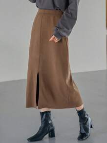 FRIFUL High Waist Split Hem Skirt,Pencil Skirt Fall,Winter - Camel - View 1
