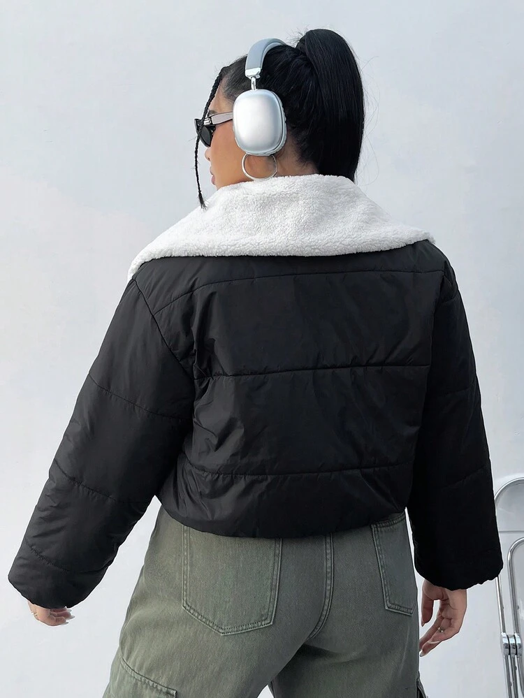 Plus Size Padded Coat With Fur Collared And Letter Patched Detail