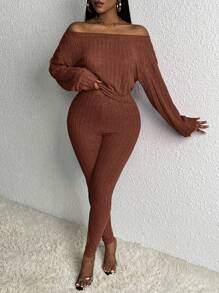 Slaydiva 一字肩條紋針織T恤和緊身褲