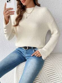SHEIN LUNE Mock Neck Drop Shoulder Button Detail Sweater Knit Pullover Fall Winter Outfit