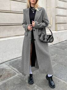 SHEIN Muchic 西裝領翻蓋細節前紐扣花呢外套 - 灰色 - 查看 6