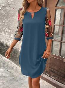 EMERY ROSE Contrast Floral Embroidery Mesh Sleeve Tunic Dress - Dusty Blue - View 4