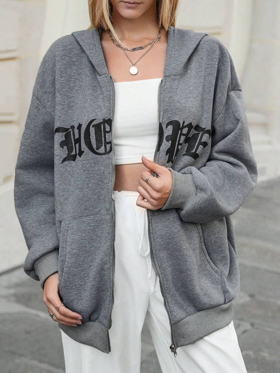 SHEIN EZwear Women's Dark Grey Letter Graphic Zip Up Hoodie,Drop Shoulder Thermal Lined Drawstring Sweatshirt,Autumn Streetwear Everyday Back-To-School Outfits - Dark Grey - View 1
