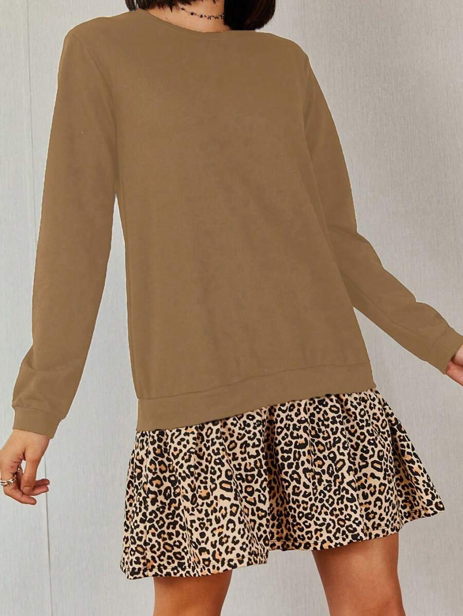 EURMUSE Contrast Color Leopard Print Lotus Hem Round Neck Sweatshirt Dress - Beige - View 1