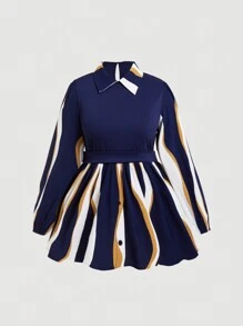SHEIN Unity 条纹印花荷叶边上衣 荷叶边上衣 - 藏蓝色 - 查看 1