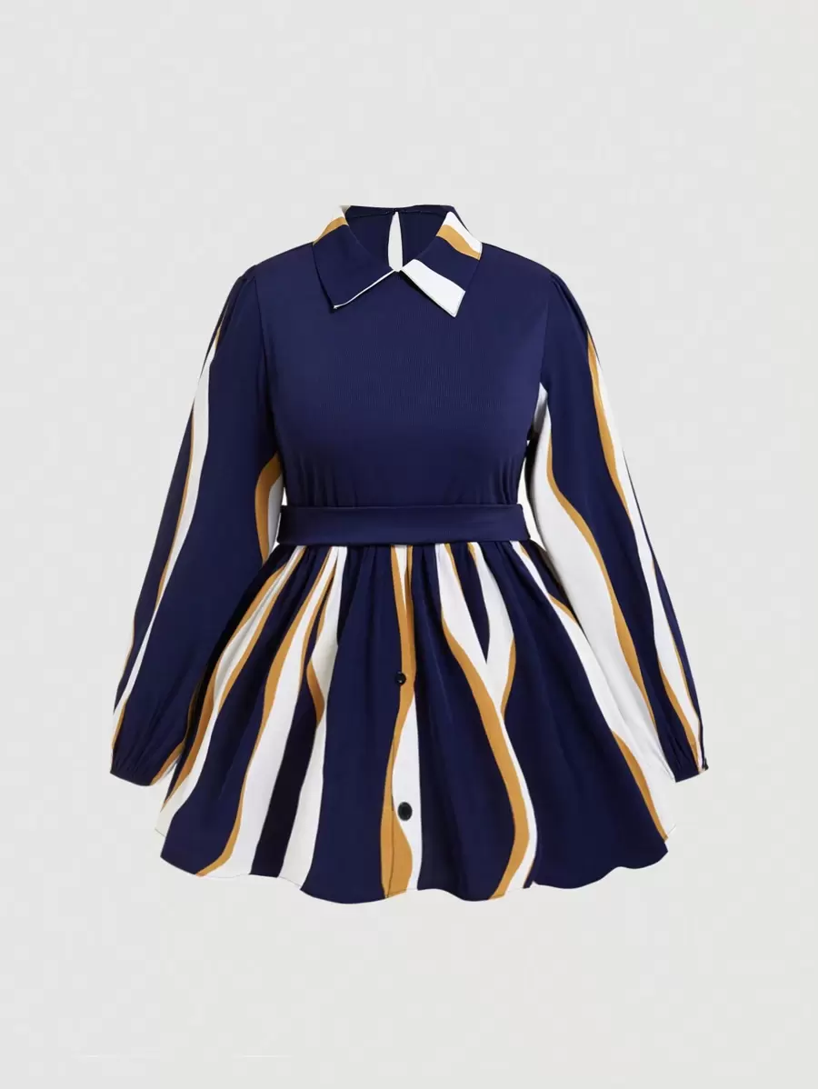 SHEIN Unity 条纹印花荷叶边上衣 荷叶边上衣 - 藏蓝色 - 查看 1