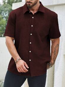 Manfinity Homme 男士加大尺碼純色撞色口袋立領襯衫 - 酒紅色 - 查看 4