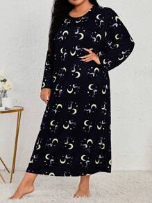 Plus Size Women's Round Neck Long Sleeve Pajama Dress With Moon And Star Print, Comfortable As Loungewear Or Casual Pajama Dress, Fall , Moo Moo Cozy And Elegant Details - Black - View 5