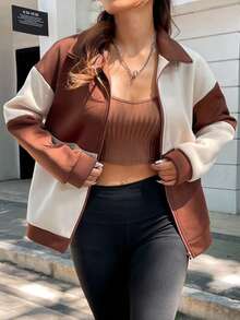 SHEIN Unity Khối màu Dây kéo Thả vai Áo nỉ - màu nâu - Xem 6