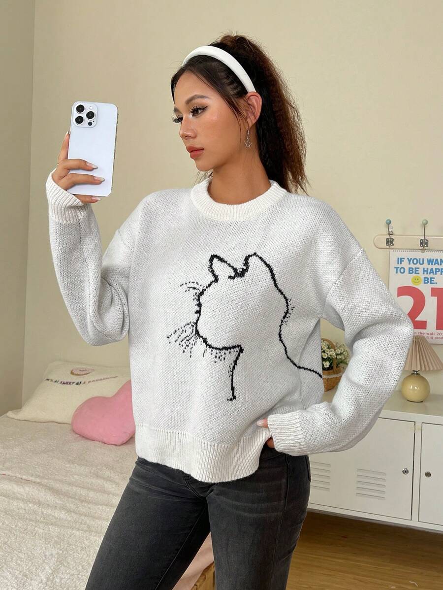 SHEIN EZwear Mô hình Cartoon Thả vai Áo len - trắng - Xem 1