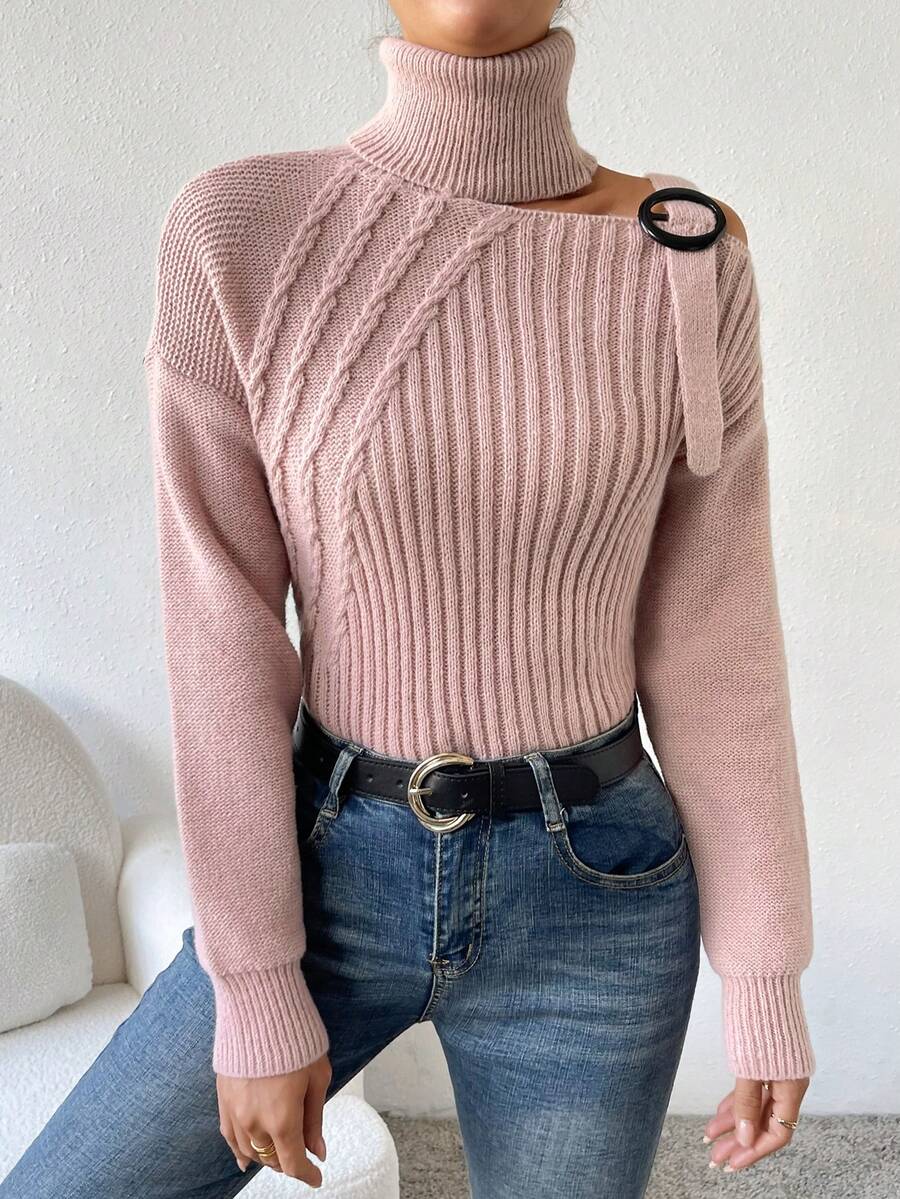 SHEIN Essnce Áo len nữ Cắt ra Gân đan màu trơn Giải trí - Bụi hồng - Xem 1