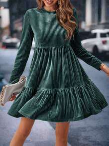 SHEIN Clasi Chất rắn Xù Hoa Sen Váy Smock - Màu xanh lá cây đậm - Xem 1
