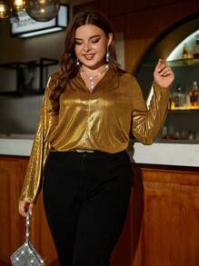 SHEIN Clasi Plus V Neck Metallic Blouse - Black - View 1