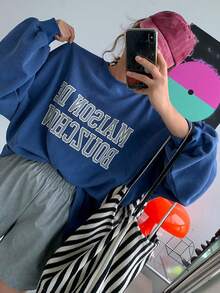 DAZY Letter Print Drop Shoulder Sweatshirt - Royal Blue - View 2