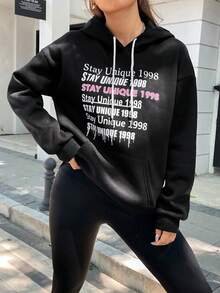 SHEIN Unity Women's Casual Slogan Print Thermal Lined Hoodie, Autumn & Winter - Black - View 6