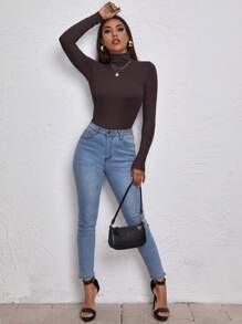 RueChic Mock Neck Slim Tee - Chocolate Brown - View 5