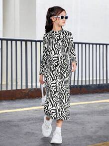 SHEIN 少女甜美针织立领波浪图案长袖修身连衣裙 - 黑色 - 查看 1