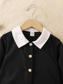 SHEIN 女小童拼接領荷葉袖襯衫洋裝 - 黑色 - 查看 3