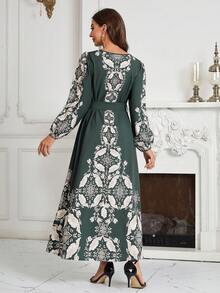 圆领长袖收腰花卉印花连衣裙 - 綠色 - 查看 2