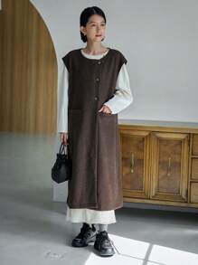 FRIFUL 双口袋纽扣前无袖背心外套女式夹克，秋季女装 - 咖啡棕 - 查看 1