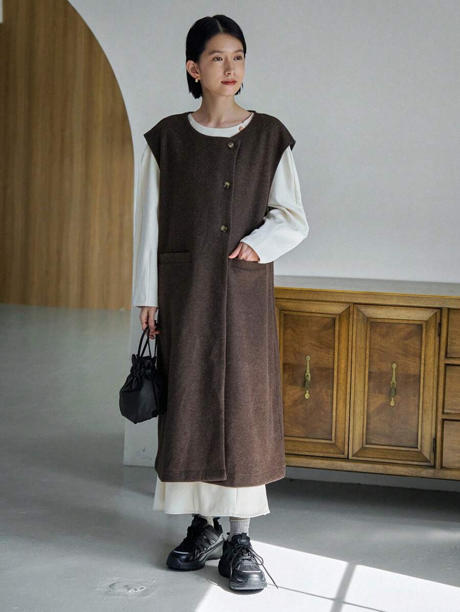 FRIFUL 双口袋纽扣前无袖背心外套女式夹克，秋季女装 - 咖啡棕 - 查看 1