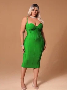 SHEIN SXY Plus Birthday Outfit Spring Clothes Bustier  Bodycon Cocktail Party Midi Bandage Dress - Green - View 3